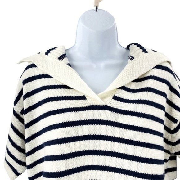 Tuckernuck NEW Ivory and Navy Stripe Claire Nautical Polo Crop Sweater Size L - Picture 4 of 10